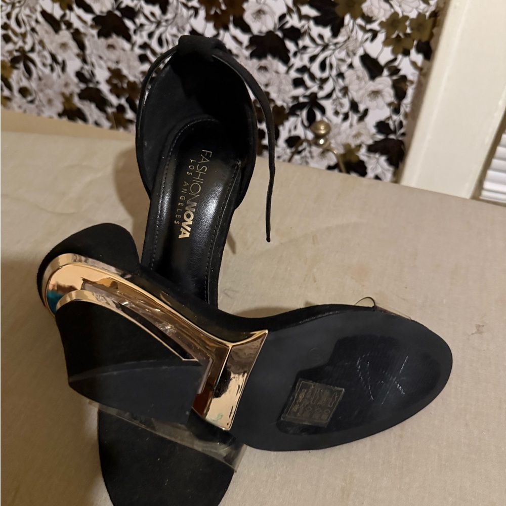 Fashion Nova Black and Metallic Gold Heels